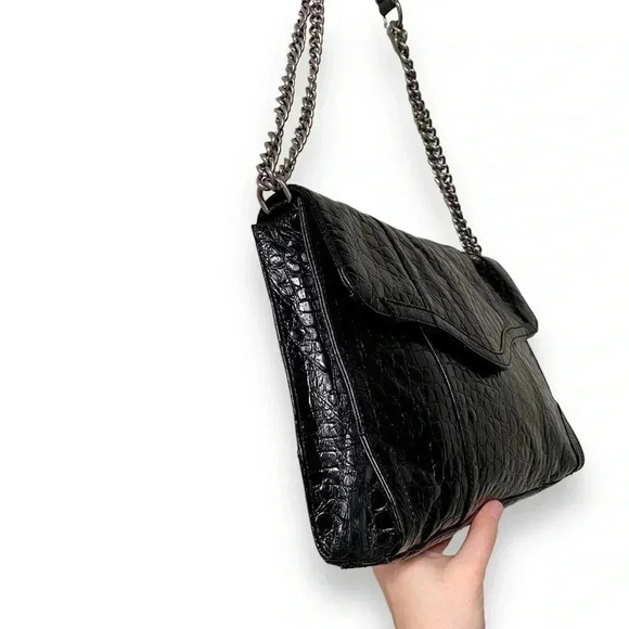 Rebecca Minkoff Black Leather Croc Embossed Silver Chain Crossbody Bag Purse - Picture 5 of 10